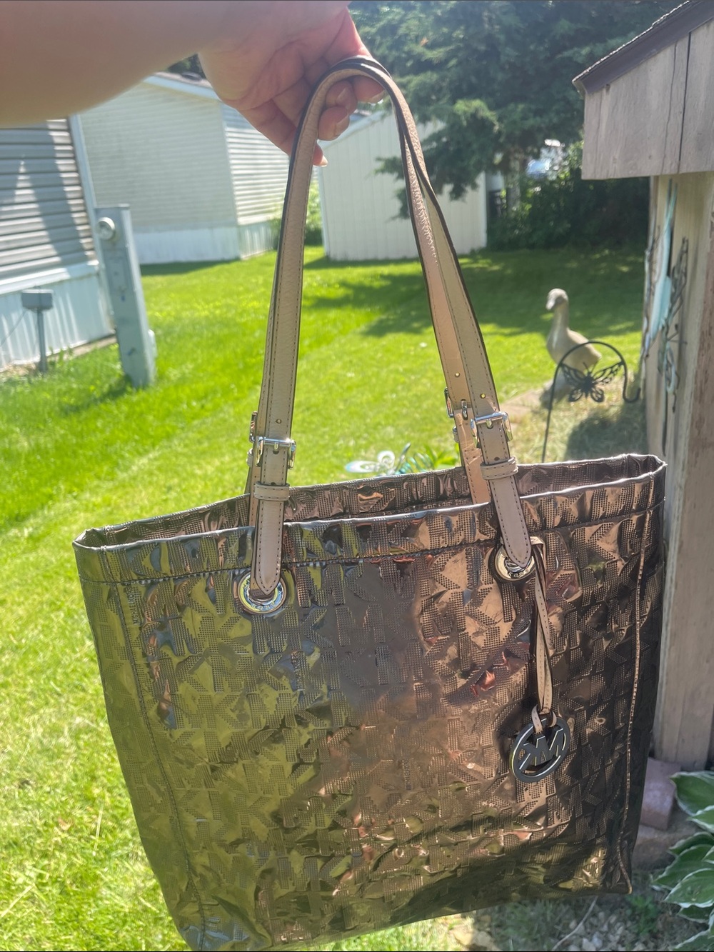 Michael Kors Bronze Metallic Tote with Tan Straps